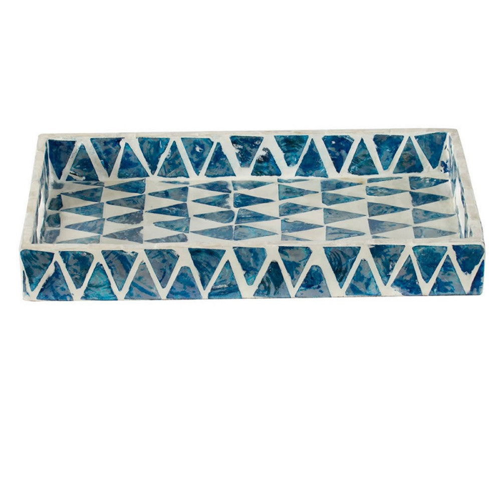 Decorative Tray, 14 Inch Capiz Geometric Pattern, Blue and White - BM350280