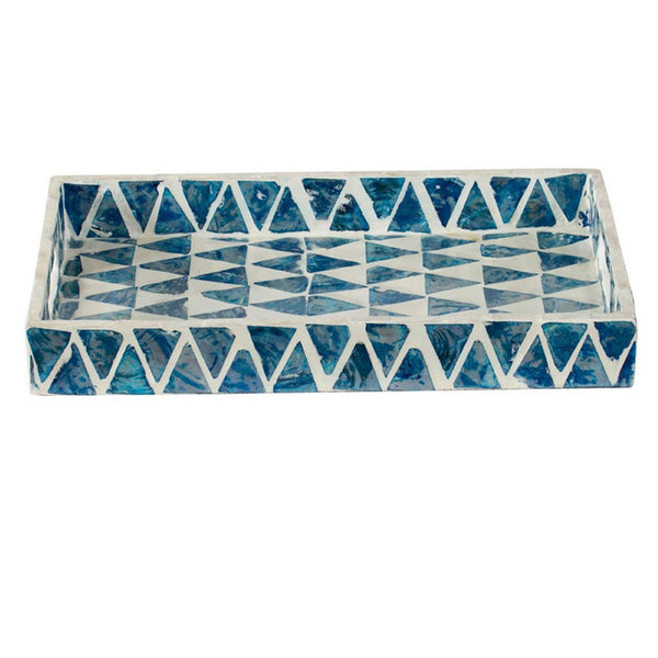 Decorative Tray, 14 Inch Capiz Geometric Pattern, Blue and White - BM350280