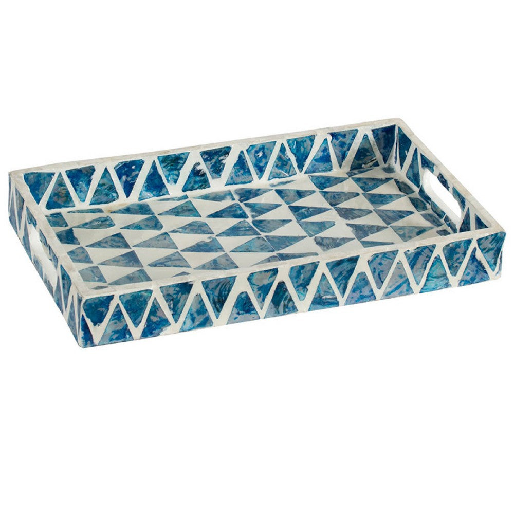 Decorative Tray, 14 Inch Capiz Geometric Pattern, Blue and White - BM350280