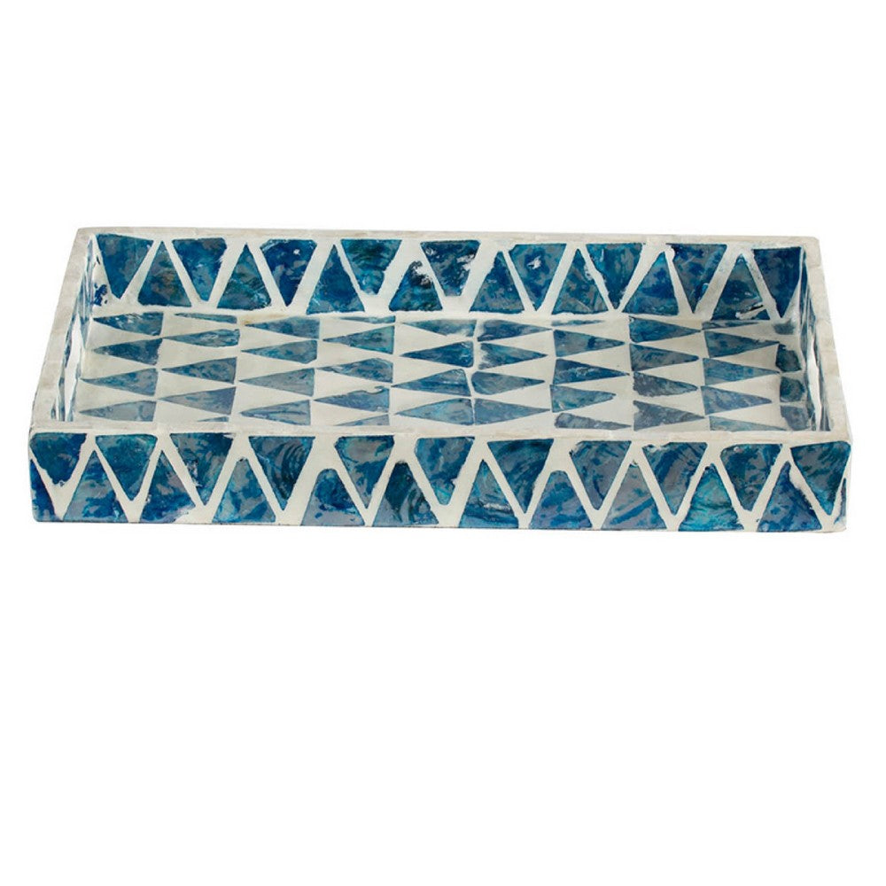 Decorative Tray, 14 Inch Capiz Geometric Pattern, Blue and White - BM350280
