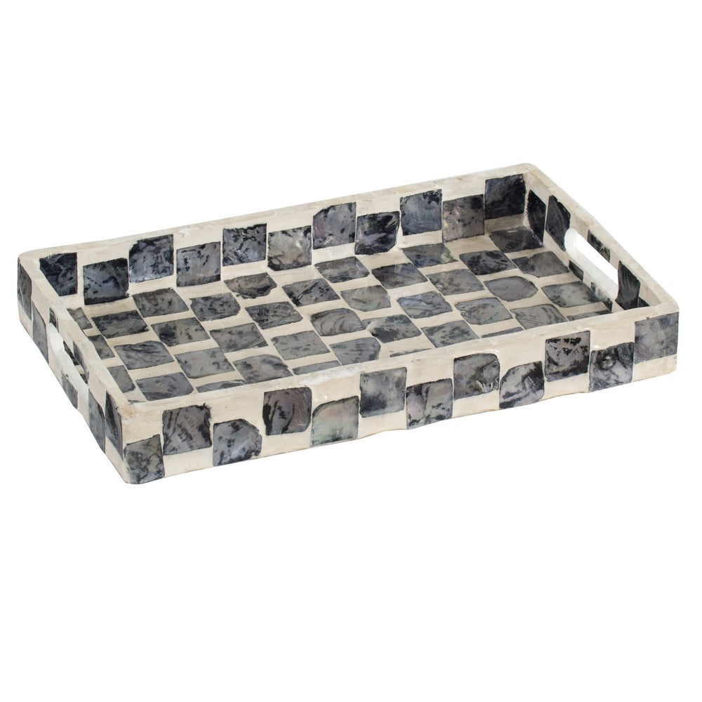 Decorative Tray, 14 Inch Capiz Checkered Pattern, Black and White - BM350281