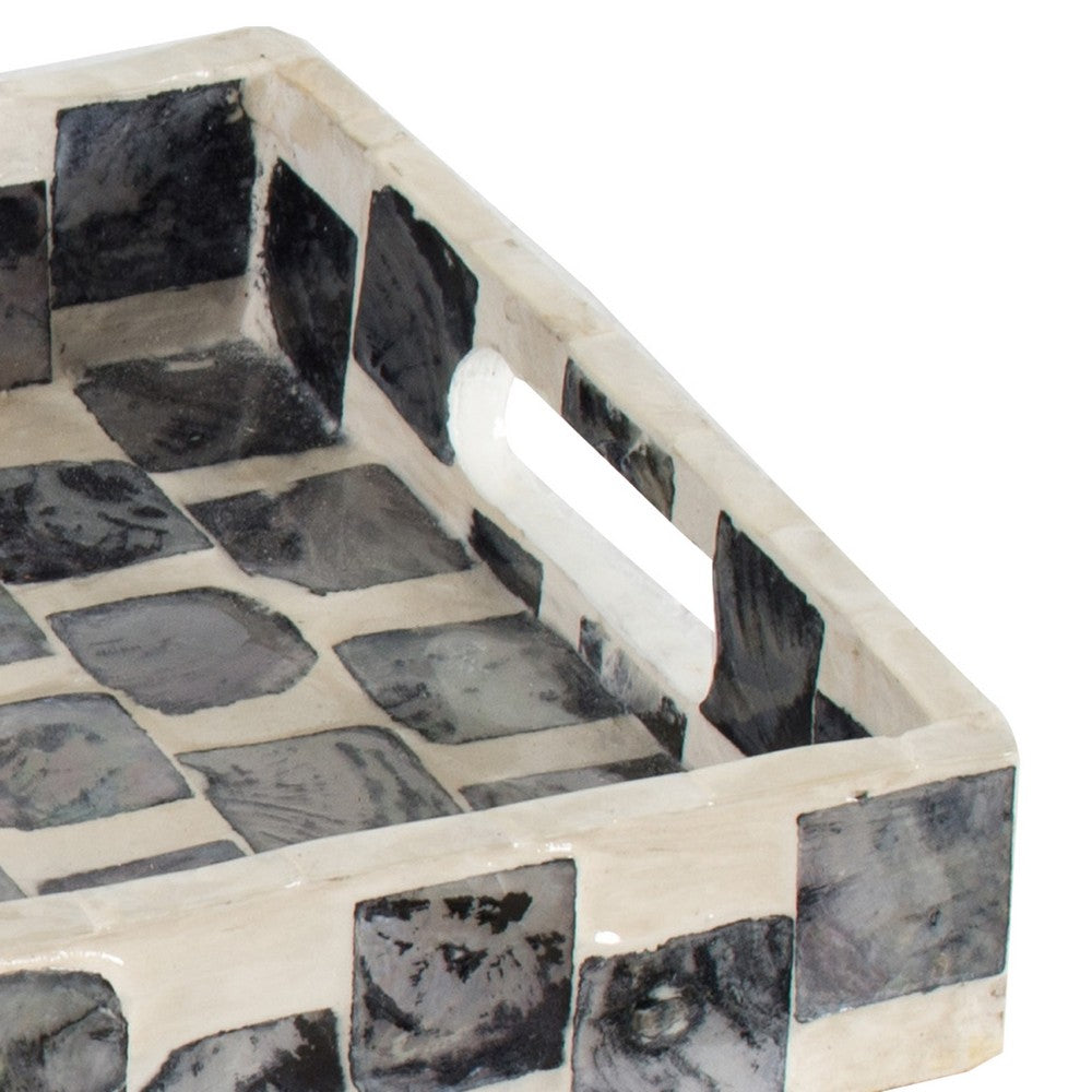 Decorative Tray, 14 Inch Capiz Checkered Pattern, Black and White - BM350281