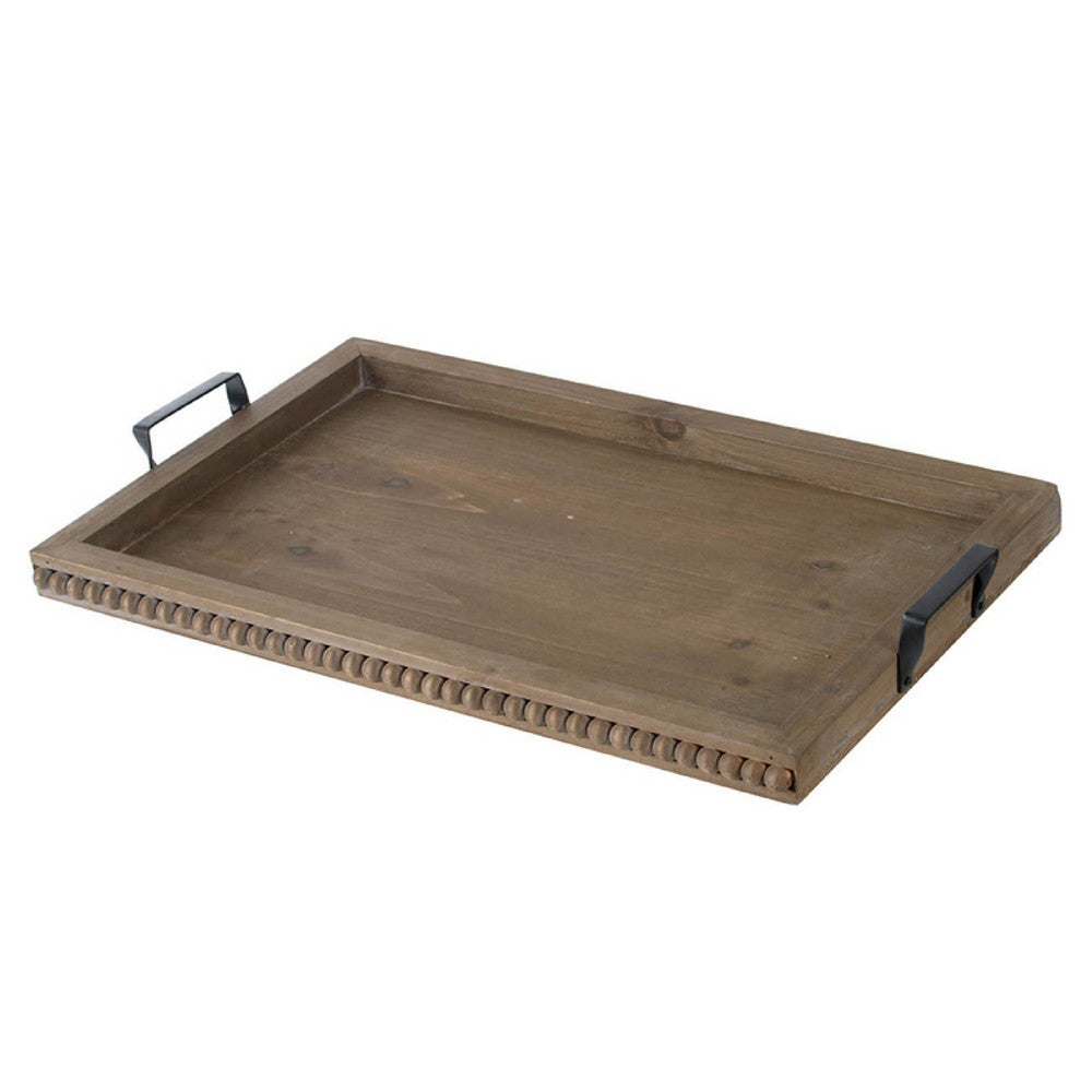Liy 24 Inch Decor Serving Tray, Beaded Frame, Fir Wood, Metal Handles - BM350283