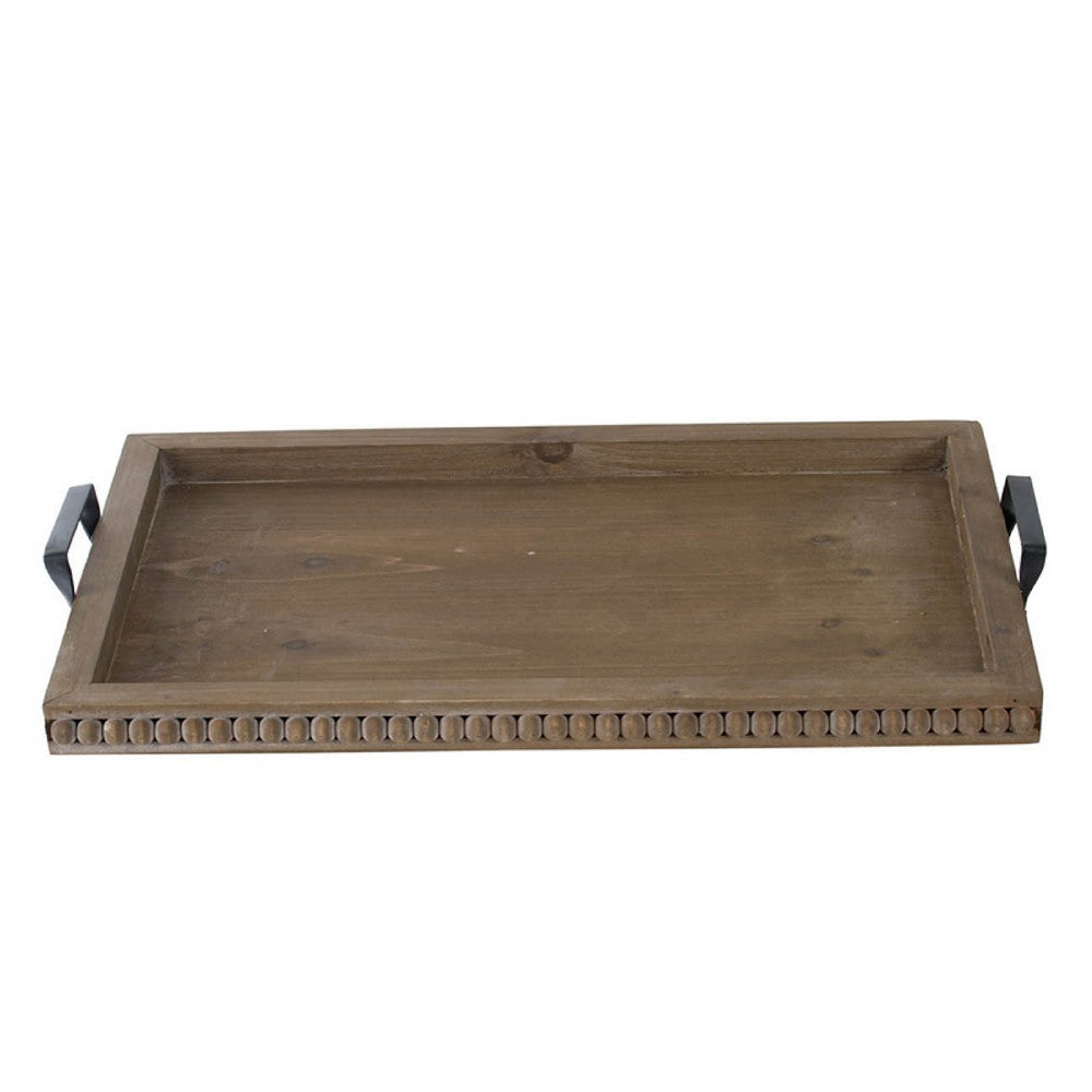 Liy 24 Inch Decor Serving Tray, Beaded Frame, Fir Wood, Metal Handles - BM350283