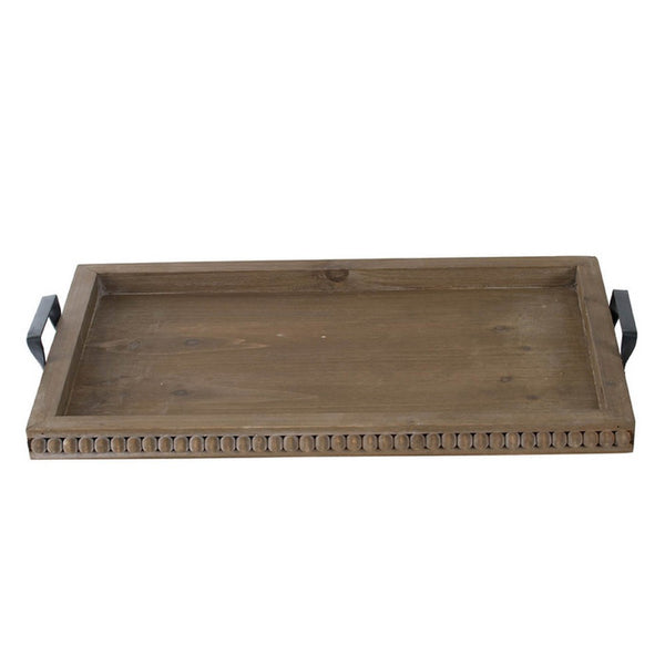 Liy 24 Inch Decor Serving Tray, Beaded Frame, Fir Wood, Metal Handles - BM350283