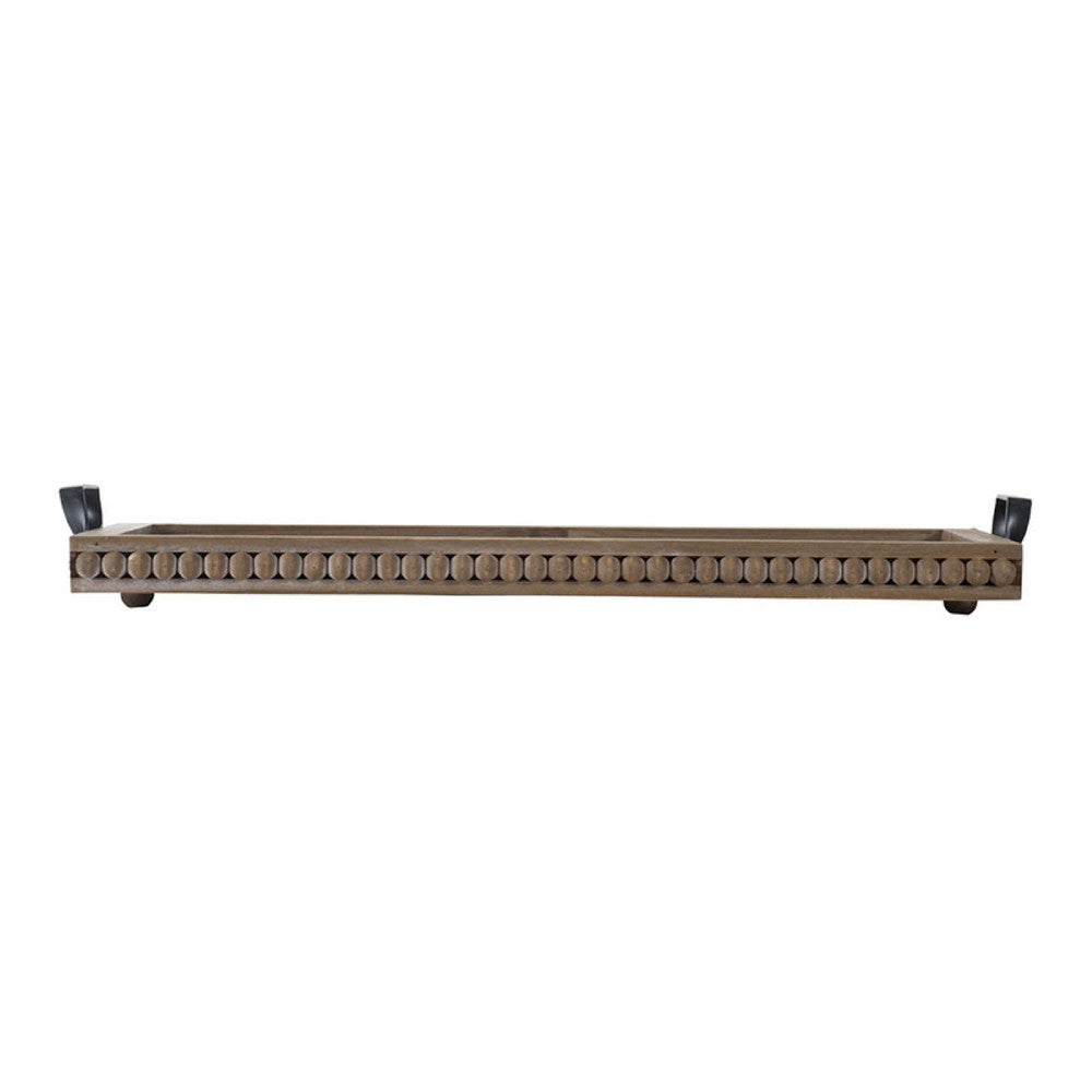 Liy 24 Inch Decor Serving Tray, Beaded Frame, Fir Wood, Metal Handles - BM350283