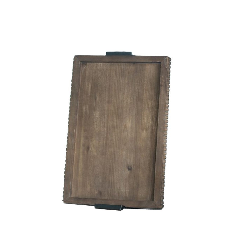 Liy 24 Inch Decor Serving Tray, Beaded Frame, Fir Wood, Metal Handles - BM350283