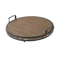 Liy 18 Inch Round Serving Tray, Beaded Brown Fir Wood, Metal Handles - BM350284