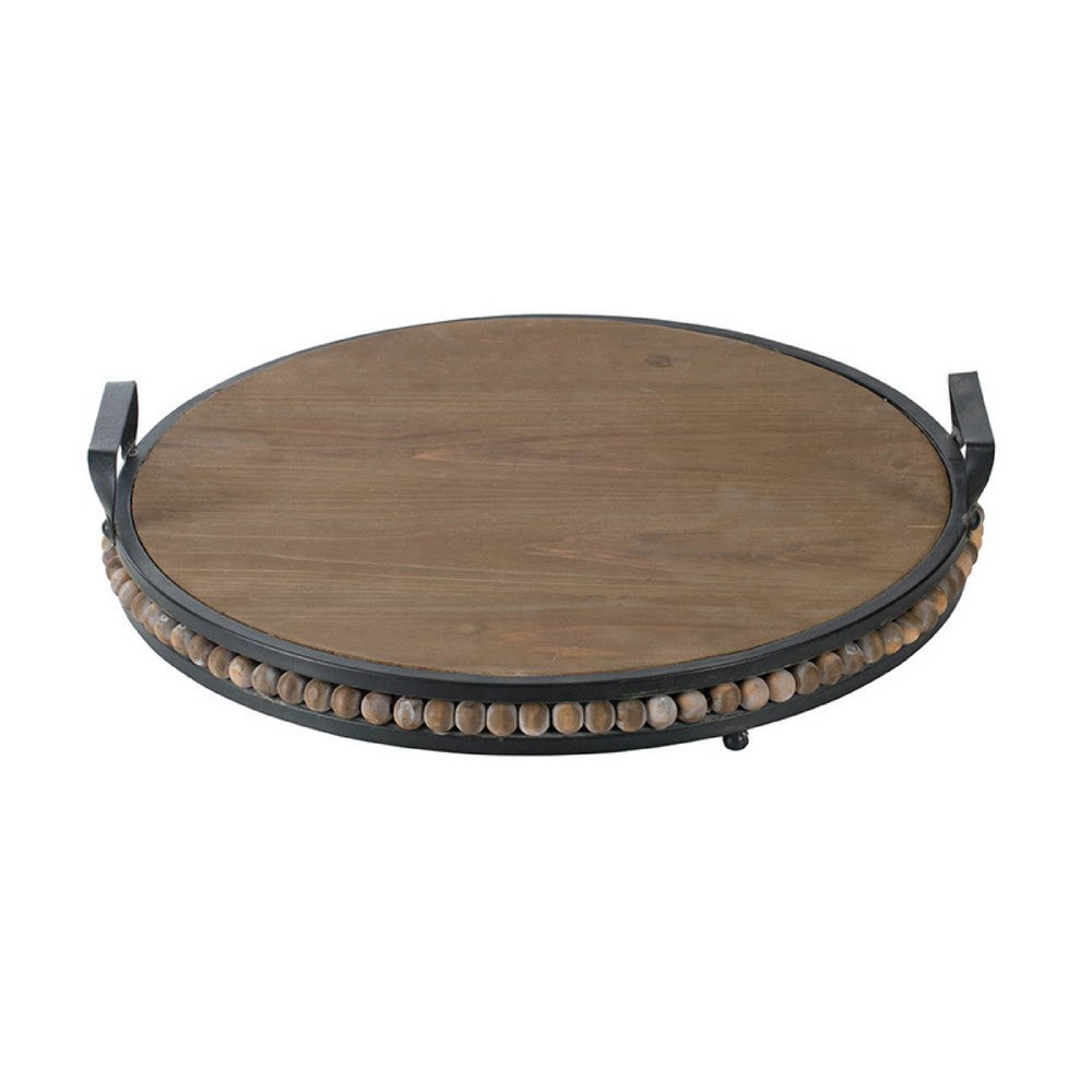Liy 18 Inch Round Serving Tray, Beaded Brown Fir Wood, Metal Handles - BM350284