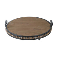 Liy 18 Inch Round Serving Tray, Beaded Brown Fir Wood, Metal Handles - BM350284