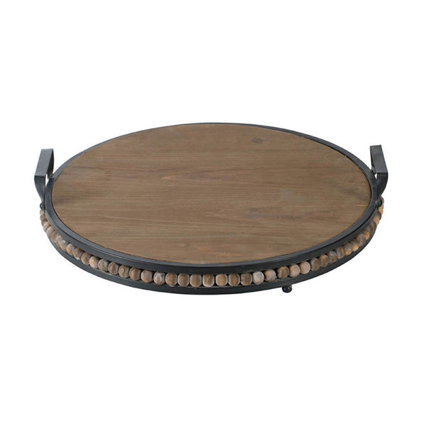 Liy 18 Inch Round Serving Tray, Beaded Brown Fir Wood, Metal Handles - BM350284