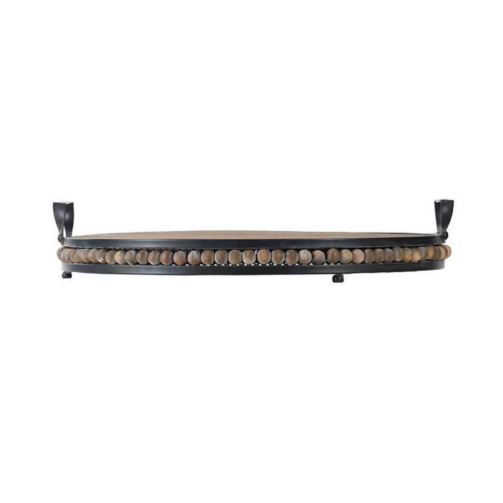 Liy 18 Inch Round Serving Tray, Beaded Brown Fir Wood, Metal Handles - BM350284