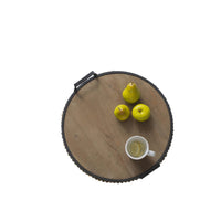 Liy 18 Inch Round Serving Tray, Beaded Brown Fir Wood, Metal Handles - BM350284