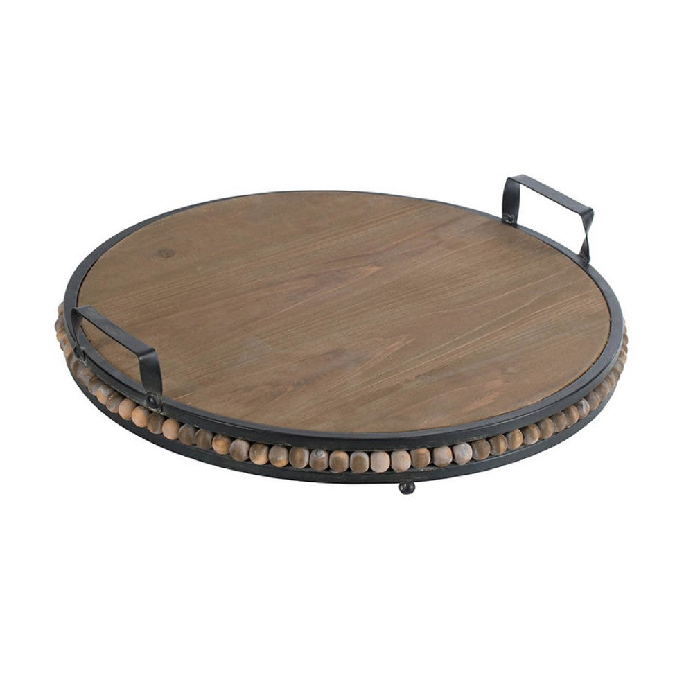 Liy 18 Inch Round Serving Tray, Beaded Brown Fir Wood, Metal Handles - BM350284