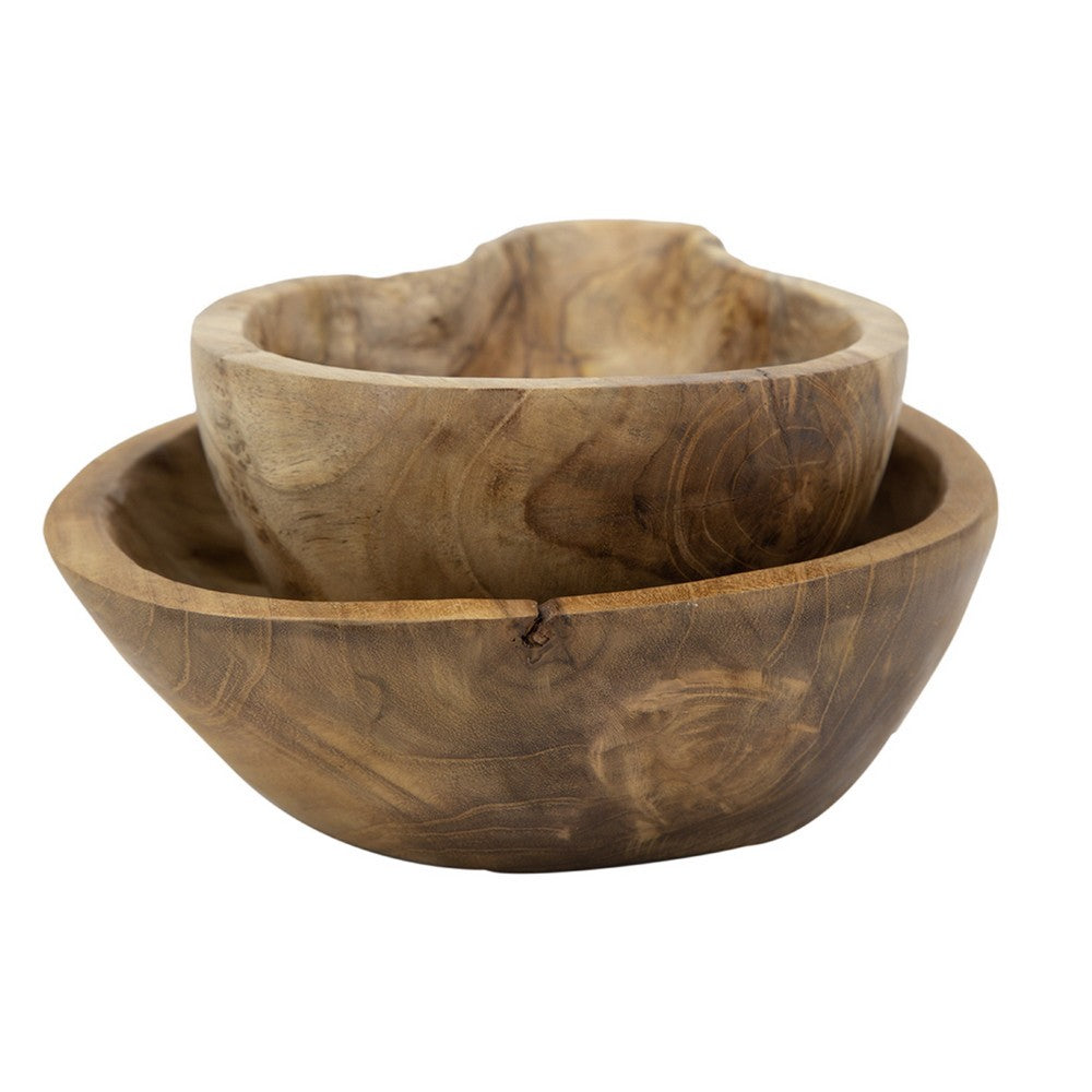 Decorative Accent Gourd Shaped Bowl Set of 2, Natural Brown Teak Wood - BM350287