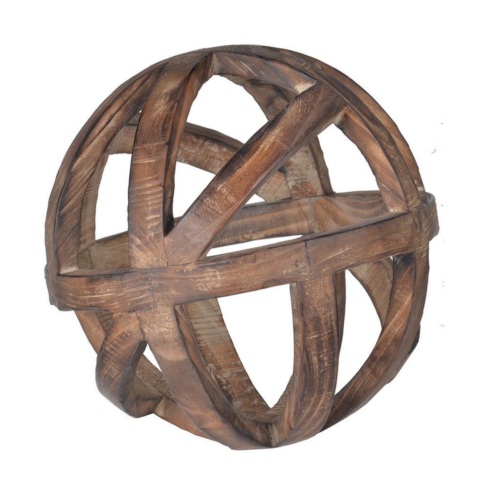 Decorative Orb Ball Wheel, 10 Inch Natural Brown Carved Fir Wood - BM350288