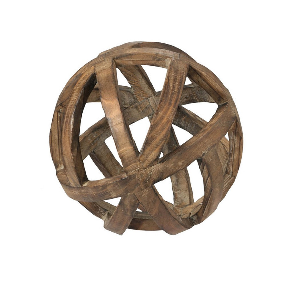 Decorative Orb Ball Wheel, 10 Inch Natural Brown Carved Fir Wood - BM350288