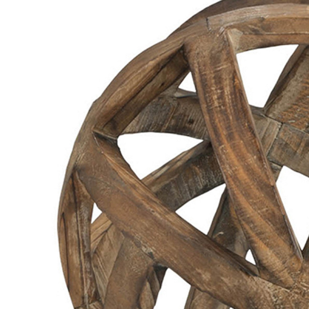 Decorative Orb Ball Wheel, 10 Inch Natural Brown Carved Fir Wood - BM350288