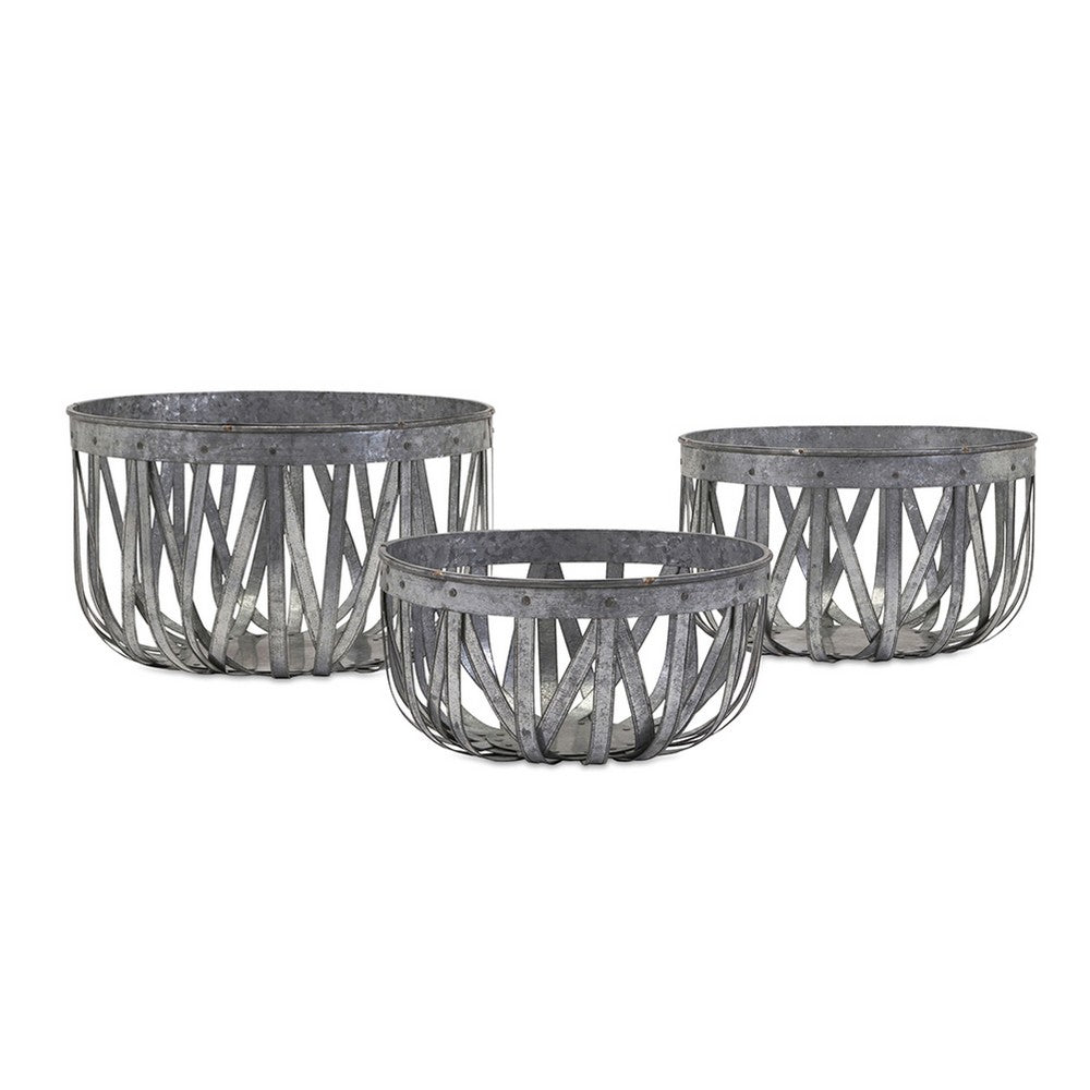 Decorative Accent Storage Baskets Set of 3, Intricate Gray Open Iron - BM350289