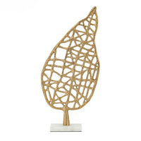 Leaf Tabletop Decor Sculpture, 16 Inch Gold Metal on White Marble Base - BM350290