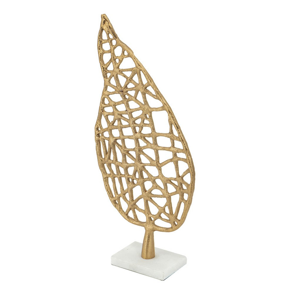 Leaf Tabletop Decor Sculpture, 16 Inch Gold Metal on White Marble Base - BM350290