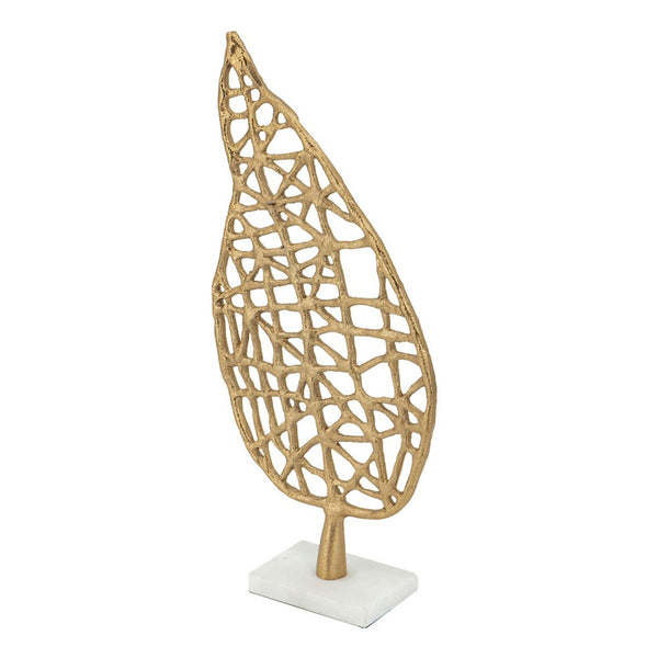 Leaf Tabletop Decor Sculpture, 16 Inch Gold Metal on White Marble Base - BM350290