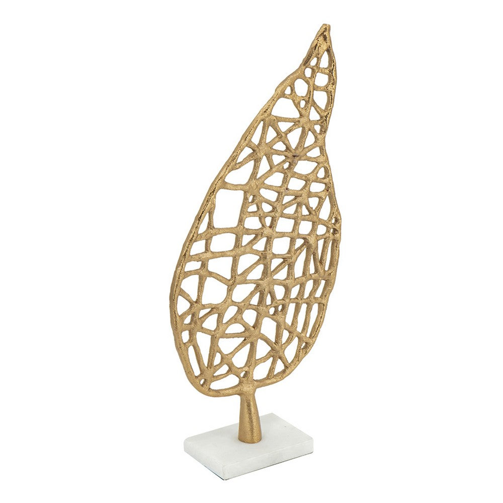 Leaf Tabletop Decor Sculpture, 16 Inch Gold Metal on White Marble Base - BM350290