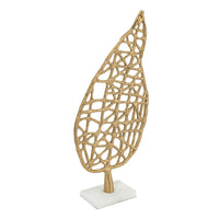 Leaf Tabletop Decor Sculpture, 16 Inch Gold Metal on White Marble Base - BM350290