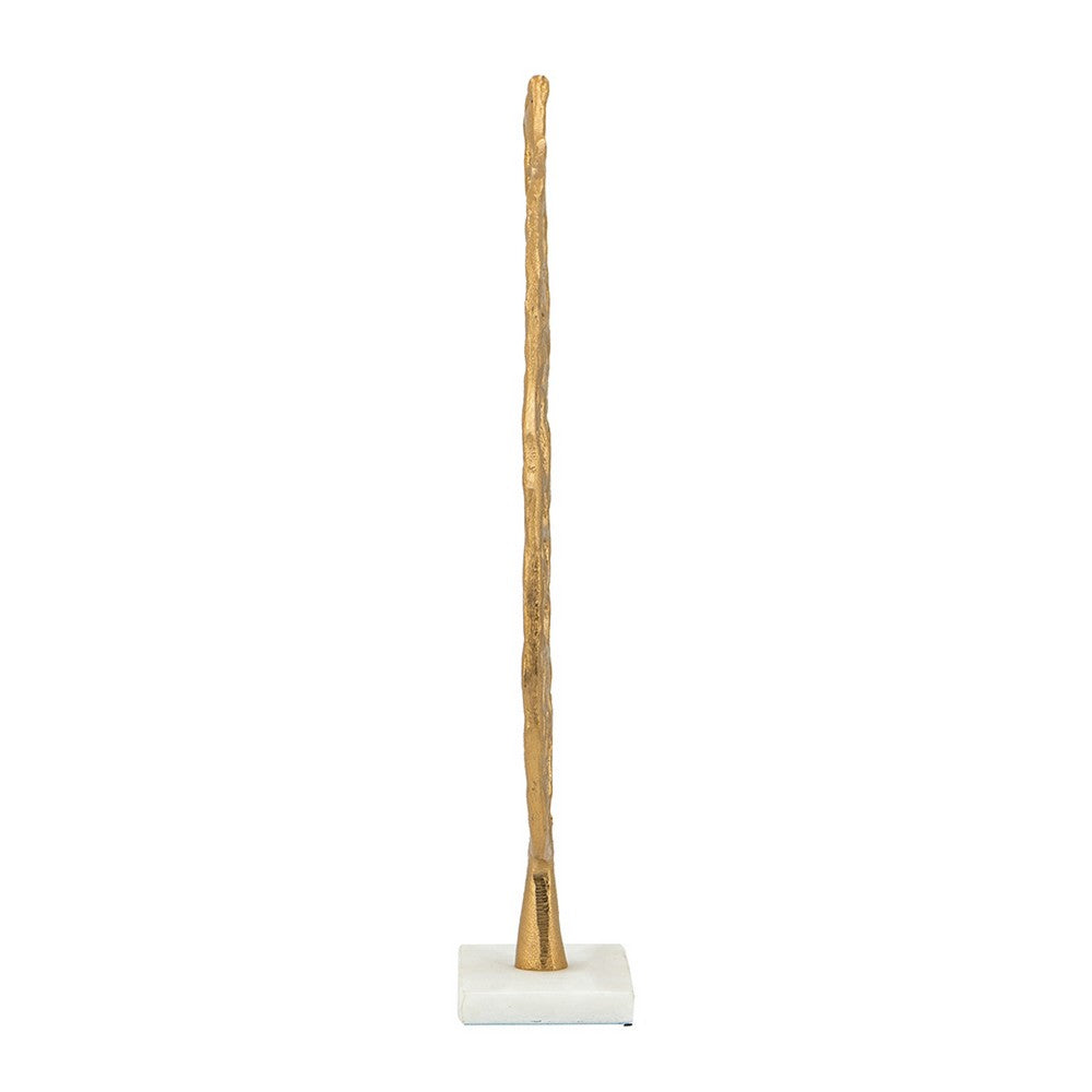 Leaf Tabletop Decor Sculpture, 16 Inch Gold Metal on White Marble Base - BM350290