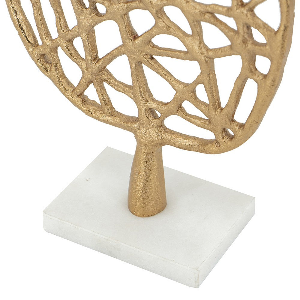 Leaf Tabletop Decor Sculpture, 16 Inch Gold Metal on White Marble Base - BM350290