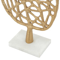 Leaf Tabletop Decor Sculpture, 16 Inch Gold Metal on White Marble Base - BM350290