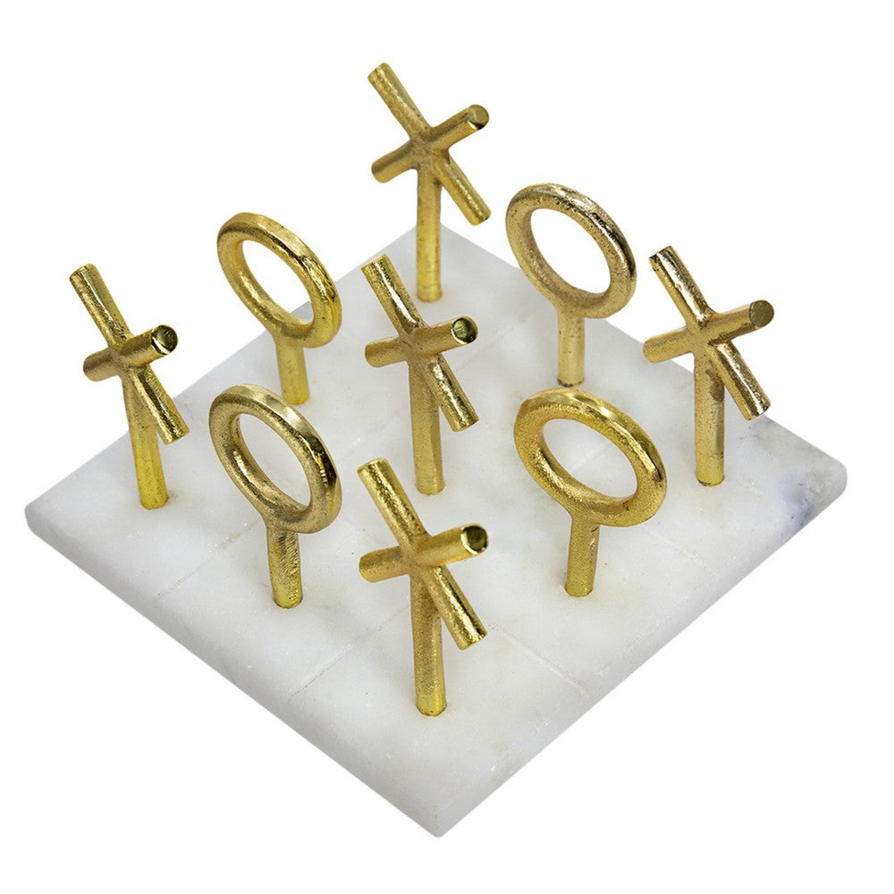 Tic Tac Toe Game Set, 7 Inch Gold Iron Decor, White Banswara Marble - BM350291