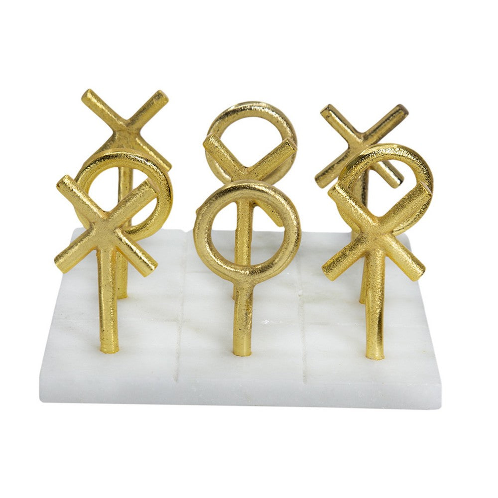 Tic Tac Toe Game Set, 7 Inch Gold Iron Decor, White Banswara Marble - BM350291