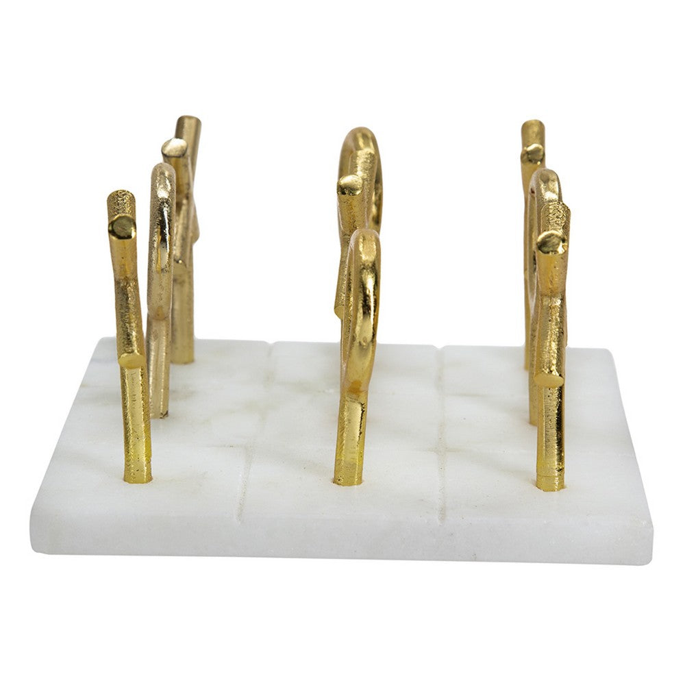 Tic Tac Toe Game Set, 7 Inch Gold Iron Decor, White Banswara Marble - BM350291