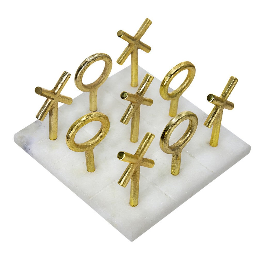 Tic Tac Toe Game Set, 7 Inch Gold Iron Decor, White Banswara Marble - BM350291