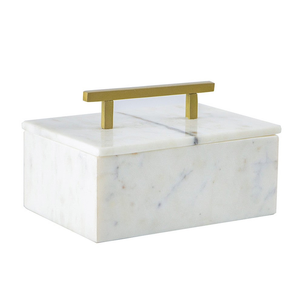 Decorative Storage Box, Gold Brass Handle, 7 Inch Luxe White Marble - BM350292