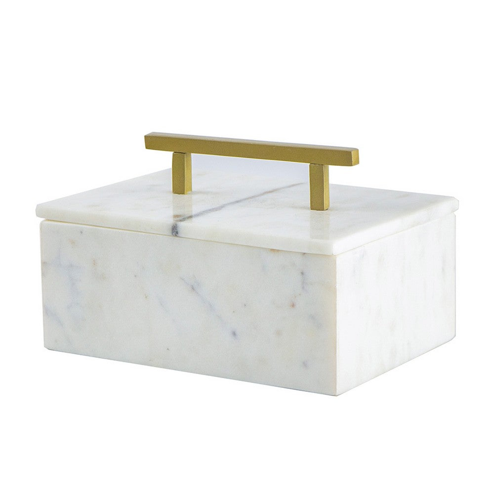 Decorative Storage Box, Gold Brass Handle, 7 Inch Luxe White Marble - BM350292