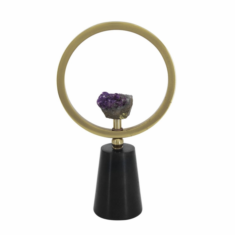 Decorative Ring Sculpture, Purple Amethyst Stone, 12 Inch Gold Black - BM350293