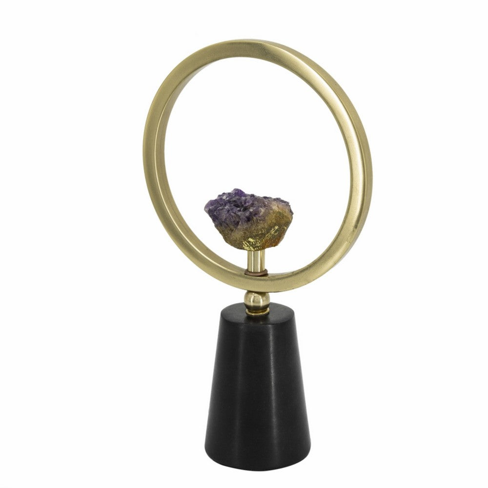 Decorative Ring Sculpture, Purple Amethyst Stone, 12 Inch Gold Black - BM350293