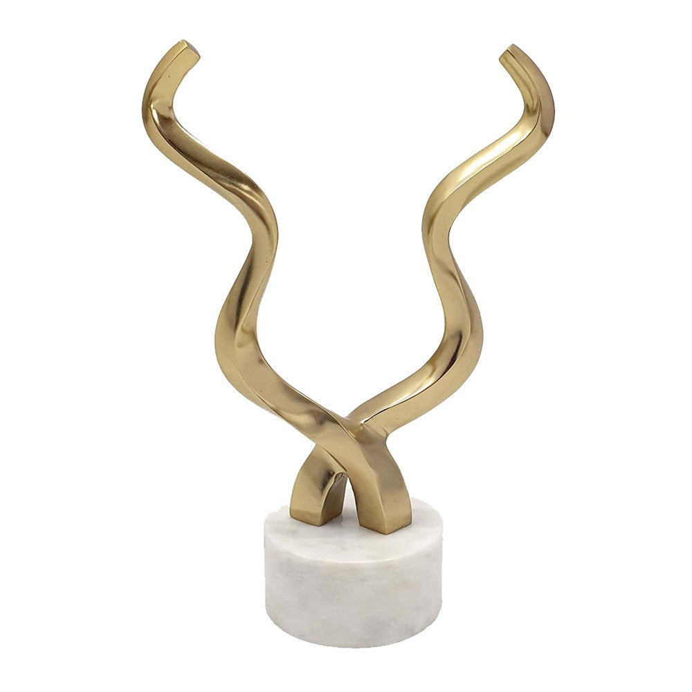 Decorative Horn Sculpture, 15 Inch Gold, Contemporary White Marble Base - BM350294