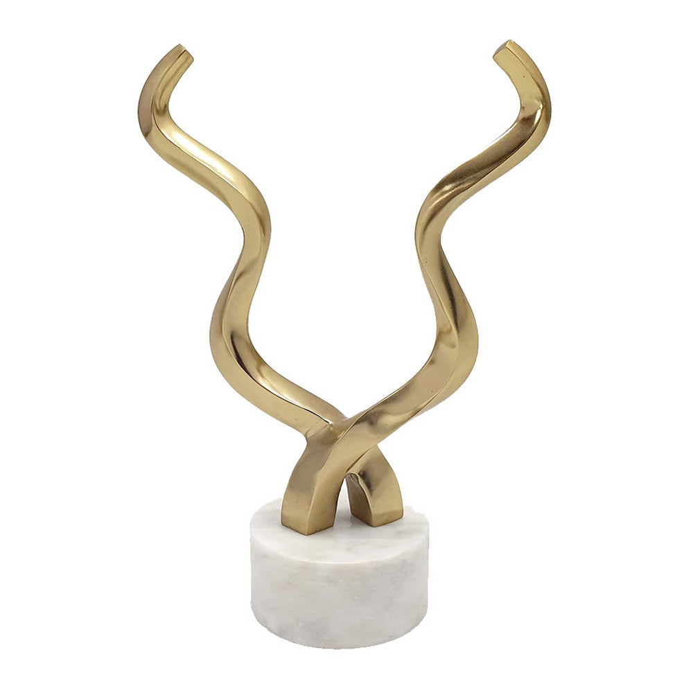Decorative Horn Sculpture, 15 Inch Gold, Contemporary White Marble Base - BM350294