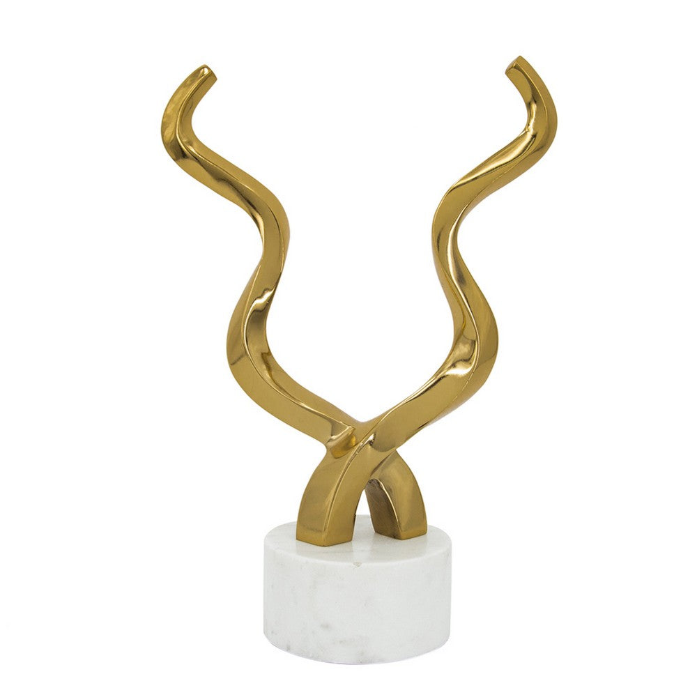 Decorative Horn Sculpture, 15 Inch Gold, Contemporary White Marble Base - BM350294