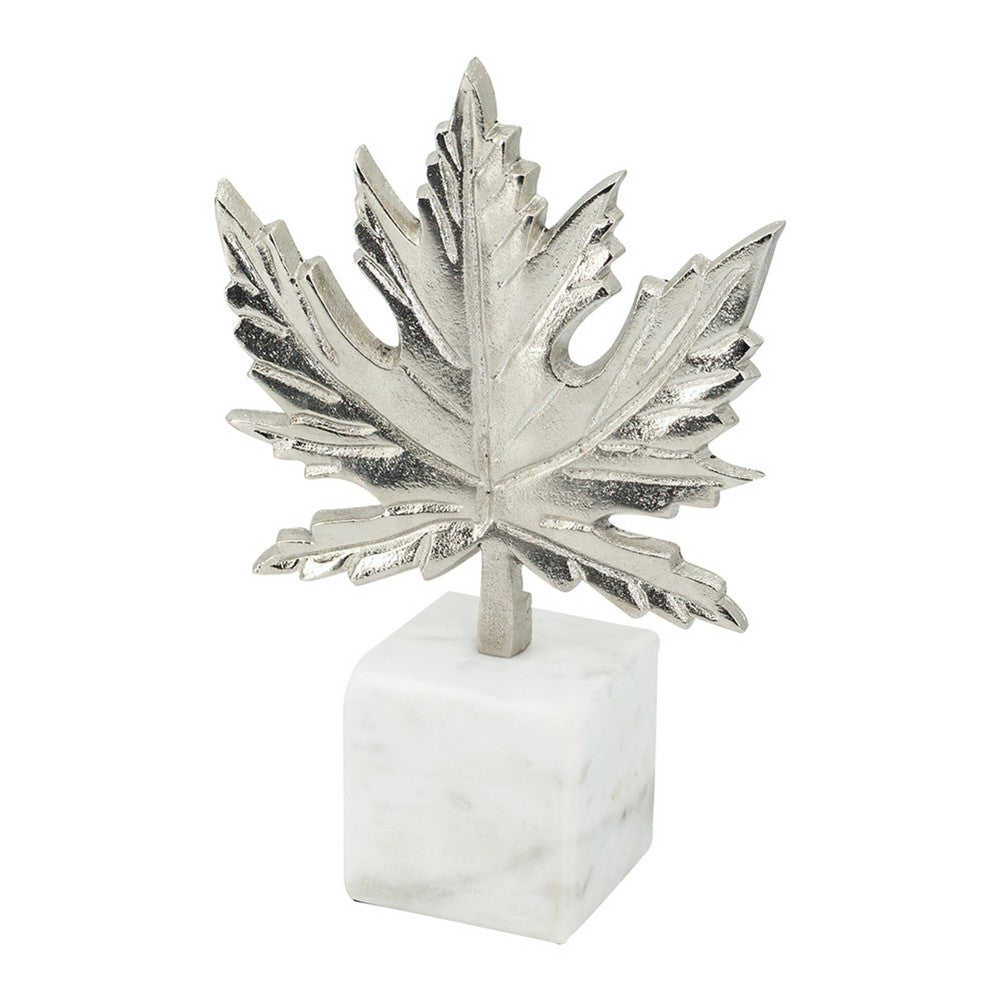 Decorative Maple Leaf Sculpture, 11 Inch Silver Aluminum, White Marble - BM350295