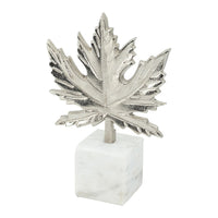 Decorative Maple Leaf Sculpture, 11 Inch Silver Aluminum, White Marble - BM350295