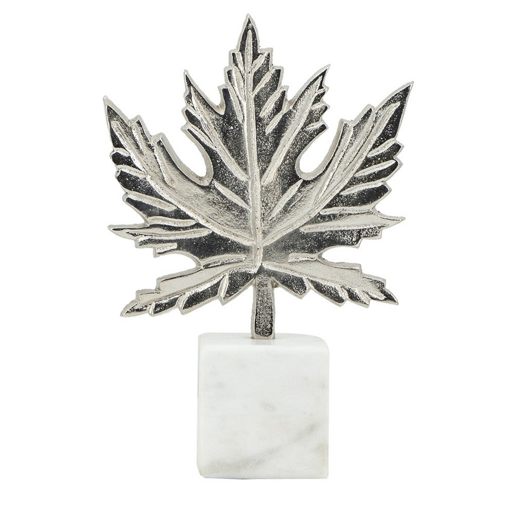 Decorative Maple Leaf Sculpture, 11 Inch Silver Aluminum, White Marble - BM350295