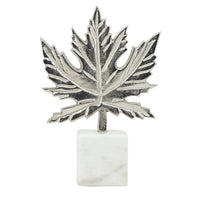 Decorative Maple Leaf Sculpture, 11 Inch Silver Aluminum, White Marble - BM350295