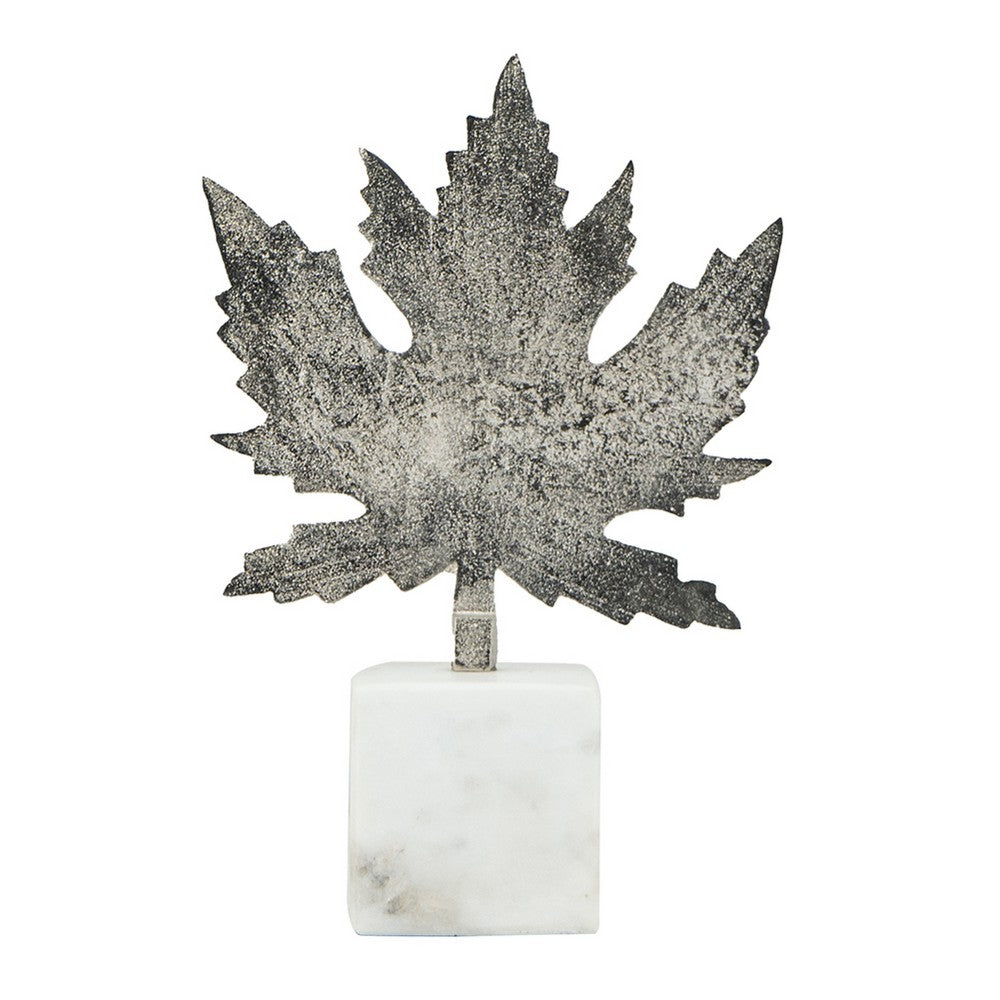 Decorative Maple Leaf Sculpture, 11 Inch Silver Aluminum, White Marble - BM350295