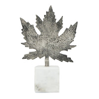 Decorative Maple Leaf Sculpture, 11 Inch Silver Aluminum, White Marble - BM350295