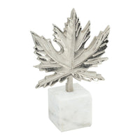 Decorative Maple Leaf Sculpture, 11 Inch Silver Aluminum, White Marble - BM350295