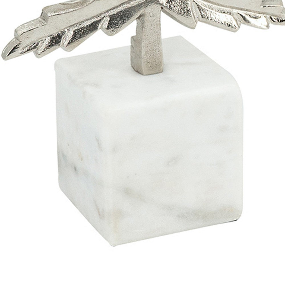Decorative Maple Leaf Sculpture, 11 Inch Silver Aluminum, White Marble - BM350295